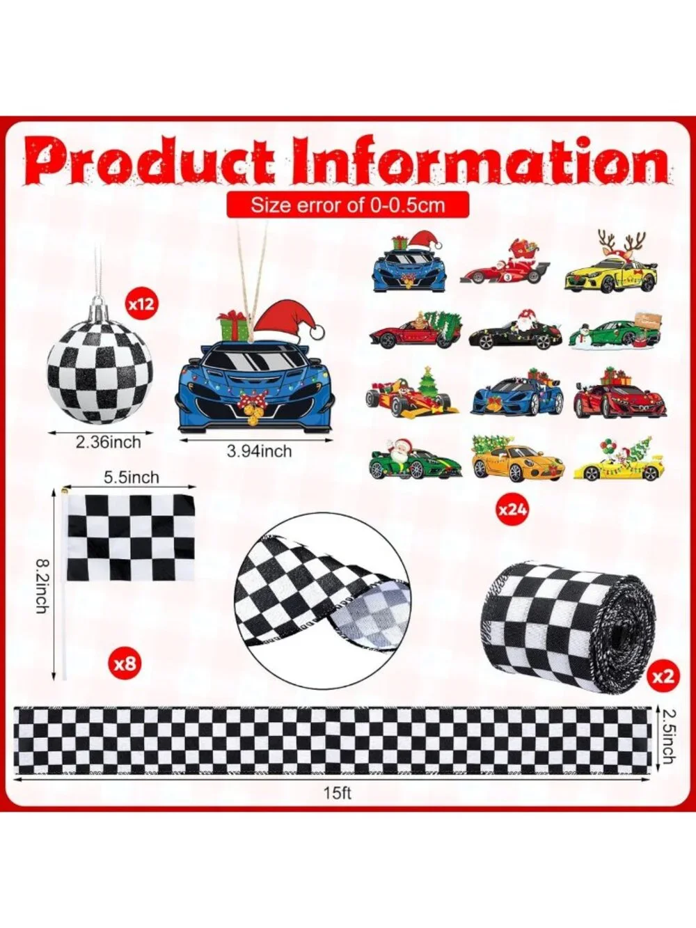 46 Pcs Black & White Race Car Christmas Tree Ornaments - Festive Holiday Decor
